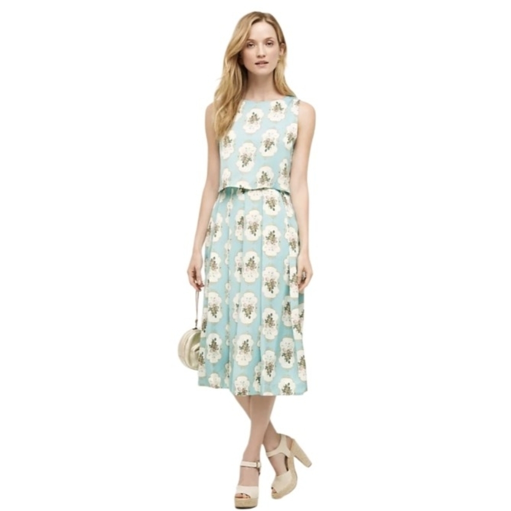 Anthropologie Mirror Image Dress‎ Pankaj & Nidhi Aqua Blue Print Sleeveless